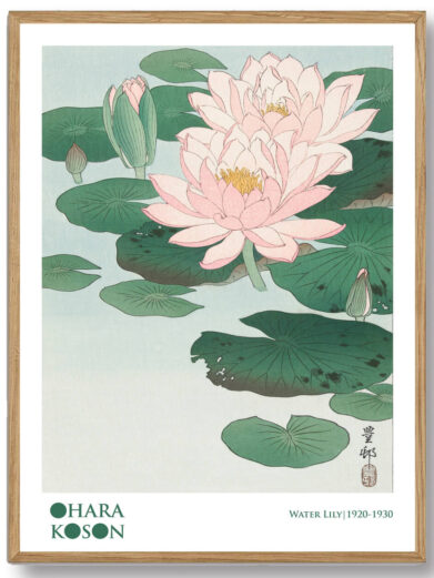 En elegant plakat, der fanger Ohara Kosons Water Lily. Den bløde farvepalet og detaljerede gengivelse af liljen på vandet skaber en fredfyldt og næsten drømmende stemning, hvor naturens skønhed og ro er i centrum.