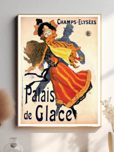 Denne plakat fremhæver den glamourøse skøjtekunst og den iskolde skønhed, der var kendetegnende for Palais de Glace. Perfekt til dem, der elsker vinterens fortryllelse.