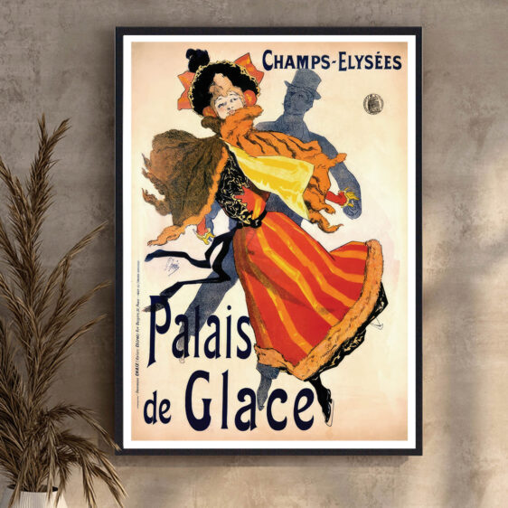 En betagende vintage-plakat, der fanger den elegante atmosfære fra Palais de Glace. Den glitrende isverden og de dramatiske lys skaber en fortryllende scene.