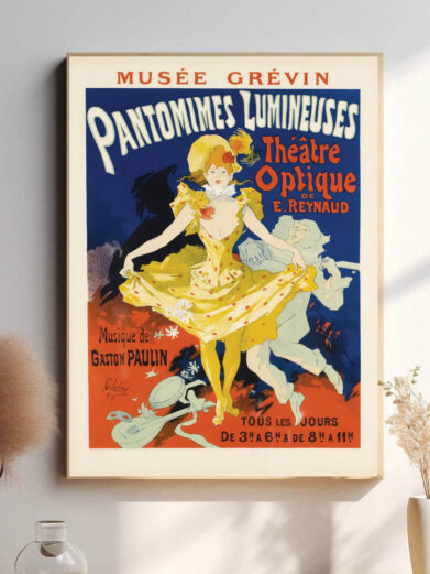 Denne plakat udstråler mystik og elegance, perfekt til at hylde den unikke kombination af pantomime og lyskunst, der gjorde Pantomie Lumineuse berømt.