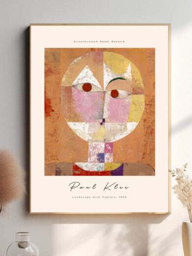 Paul Klee kunst plakat i orange farver. Motivet forstiller et ansigt i abstrakt form