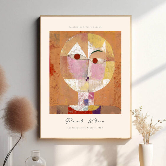 Paul Klee kunst plakat i orange farver. Motivet forstiller et ansigt i abstrakt form