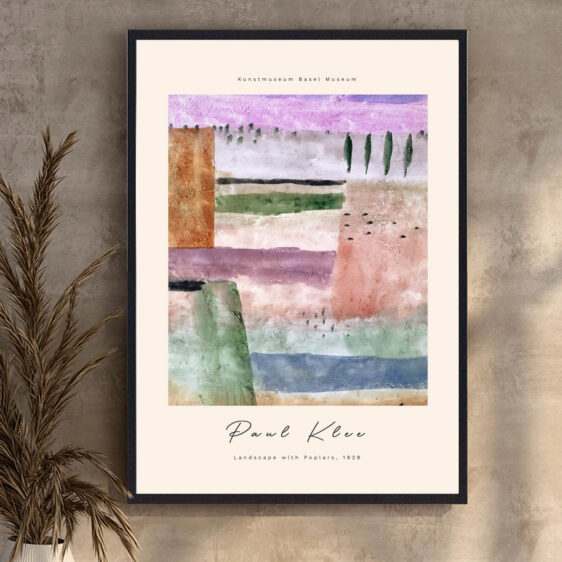 Paul Klee skaber et poetisk landskab med høje popler, der svajer mod en pasteltonet himmel. De varme og kølige farver balancerer hinanden, hvilket giver en følelse af ro og dybde.