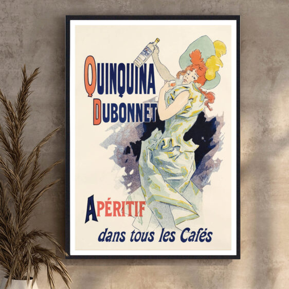 En stilfuld vintage-plakat, der fremhæver Quinquina Dubonnet som en sofistikeret aperitif. Farverne og designet udstråler klassisk fransk charme og luksus.