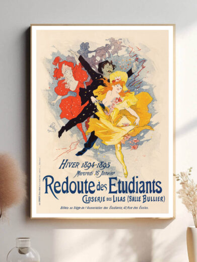 Denne plakat udstråler liv og bevægelse, med et fokus på de studerendes festlige forsamlinger, der gør Redoute des Étudiants til en uforglemmelig begivenhed.