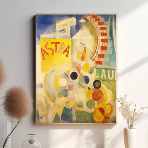 Denne plakat fremhæver Delaunays evne til at fange det kosmiske og abstrakte i én komposition. Astra udstråler et univers af farver, hvor stjerneagtige cirkler og energiske linjer skaber en følelse af uendelig bevægelse og lys.