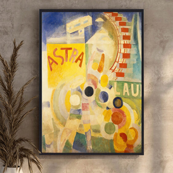 En imponerende plakat, der fanger Robert Delaunays Astra med sine dybe farver og stjernesymbolet, der skaber en følelse af kosmisk bevægelse. Cirkulære former og farvestrålende elementer skaber en visuel udforskning af universets dynamik.