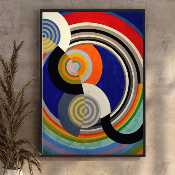 En energisk plakat, der fanger Robert Delaunays ikoniske Color Circle. Hans brug af cirkulære former og levende farver skaber en visuel rytme, der udforsker farvernes kraft og deres relation i et abstrakt og harmonisk design.