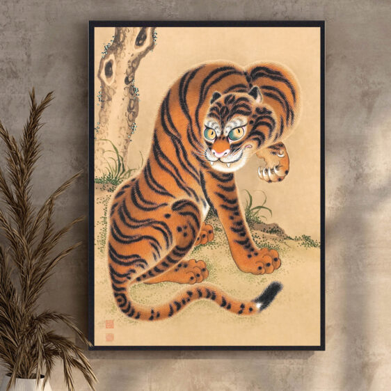 Med inspiration fra traditionel japansk kunst, fanger denne plakat tigerens styrke og majestæt i et farverigt og stiliseret design. Den kombinerer elementer af japansk kultur og naturens kraftfulde skønhed, hvilket giver et visuelt indtryk af både respekt og fascination.