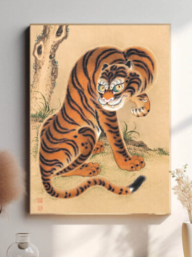 Denne plakat præsenterer en dynamisk og farverig fremstilling af en tiger i japansk stil. De intense farver og dramatiske linjer skaber en energisk og livlig atmosfære, hvilket gør den perfekt til moderne hjem eller kreative rum. Plakaten er både kunstnerisk og symbolsk, hvilket giver den en unik æstetisk værdi.