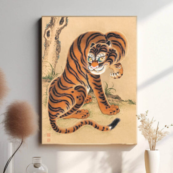 Denne plakat præsenterer en dynamisk og farverig fremstilling af en tiger i japansk stil. De intense farver og dramatiske linjer skaber en energisk og livlig atmosfære, hvilket gør den perfekt til moderne hjem eller kreative rum. Plakaten er både kunstnerisk og symbolsk, hvilket giver den en unik æstetisk værdi.