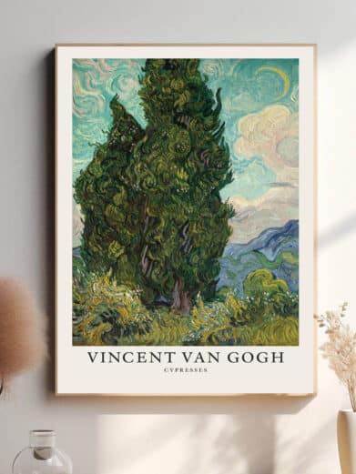 Vincent van Gogh Cypresses art print. Green cypress tree, swirling sky, framed poster. Impressionist style.