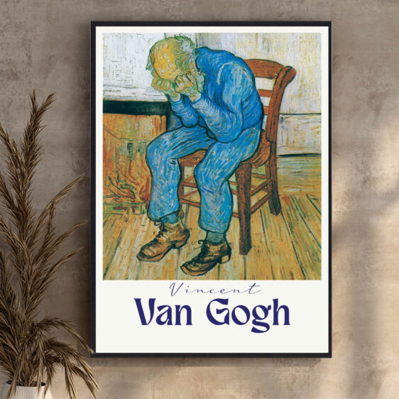 Sorrowing Old Man af Vincent van Gogh er et dybt emotionelt portræt af menneskelig lidelse. Den ældres vejrbidte ansigt reflekterer en dyb sorg, fanget med intense penselstrøg og afdæmpede farver, der skaber en atmosfære af fortvivlelse, som rører beskueren.