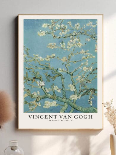 Vincent van Gogh - Cypresses kunstplakat. Blå baggrund med hvide blomster. Elegant og farverig kunst til dit hjem.