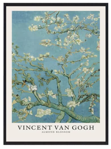 Vincent van Gogh Cypresses kunstplakat. Blå baggrund med mandelblomster i hvide og grønne nuancer. Elegant og tidløs.