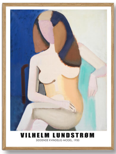En smuk illustration, der fanger Vilhelm Lundstrøms Siddende Kvindelig Model. Plakaten fremhæver kunstnerens evne til at portrættere menneskekroppens naturlige linjer og samtidig fange en følelse af ro, hvor modellen sidder i harmoni med sin omgivelse.