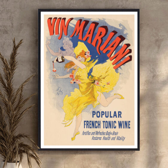 En farverig vintage-plakat, der fremhæver Vin Mariani, en energigivende vin. Plakaten udstråler styrke og vitalitet, perfekt til dem, der elsker retro reklamekunst.