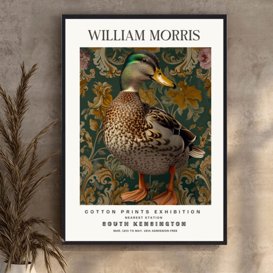 En smuk andrik med glinsende fjer prydet af William Morris’ karakteristiske blomstermønstre svømmer yndefuldt gennem et hav af stiliserede åkander og slyngende bladranker. Hans grønne hoved og dybe kastanjebrune bryst smelter sammen med de dekorative baggrundsformer, der skaber en harmonisk og tidløs æstetik.