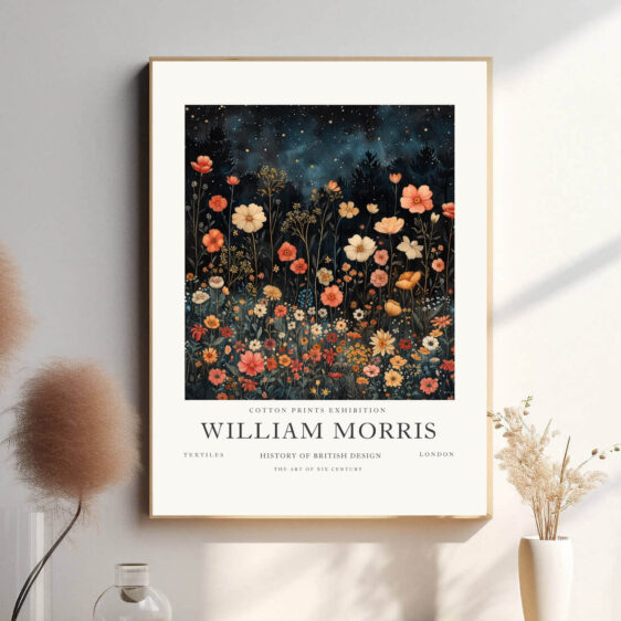 Morris’ Dark Flower design fanger naturens skønhed med en intens og symbolsk tilgang. De mørke blomster, der strækker sig i mønsteret, skaber en visuel dybde og udstråler både styrke og ro, hvilket gør plakaten ideel til at fremhæve en naturlig og kunstnerisk stemning i hjemmet.