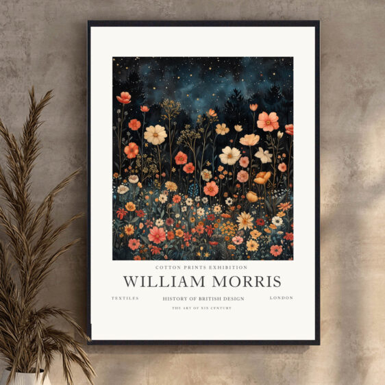 Denne plakat af William Morris fanger mørke blomster i et detaljeret og dramatisk mønster. De dybe, rige farver og fine linjer skaber en sofistikeret og intens stemning, der gør plakaten ideel til at tilføje et kunstnerisk og visuelt slående element til ethvert rum.