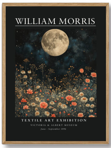 Morris’ Dark Flower Moon design udstråler både dramatik og elegance med sin dybe farvepalet og betagende komposition. Plakaten skaber et visuelt stærkt indtryk og bringer en tidløs kunstnerisk dimension ind i rummet, hvilket gør den ideel for dem, der ønsker at tilføje både mystik og skønhed til deres indretning.