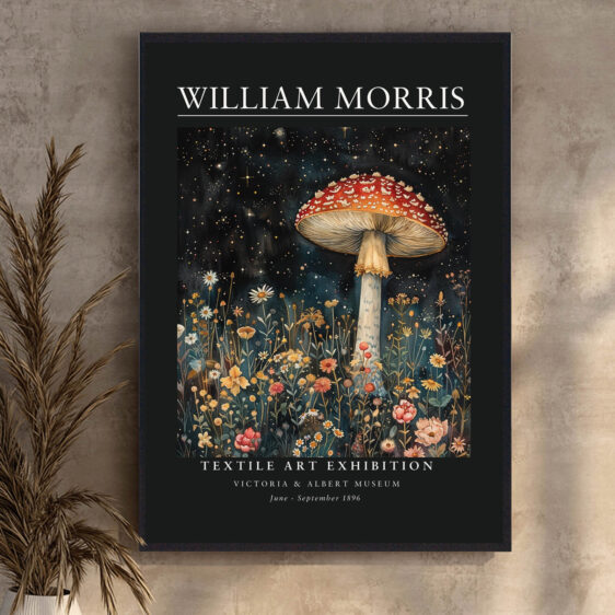 Denne plakat af William Morris viser et design med dybrøde svampe, der udstråler en sofistikeret og dramatisk æstetik. De mørke farver og detaljerede mønstre skaber en elegant atmosfære, perfekt til at tilføje et unikt og stilfuldt element til ethvert rum.