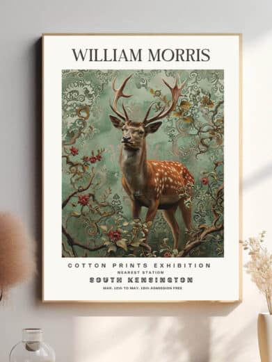 Hjorten er ikke blot et dyr, men en del af det kunstneriske mønster, hvor dens gevir synes at vokse ud af de dekorative bladranker omkring den. William Morris’ detaljerede design skaber en magisk balance mellem dyrets naturlige skønhed og de ornamentale elementer, der omgiver det.