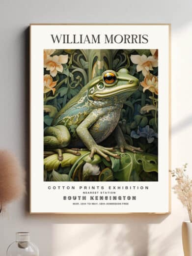 Frøen smelter ind i sin omgivelser, dens hud dækket af snørklede blomster og bladranker i en perfekt balance mellem kunst og virkelighed. William Morris’ karakteristiske symmetri og detaljerigdom forvandler dette lille væsen til et levende element i et tidløst tapet af naturinspiration.