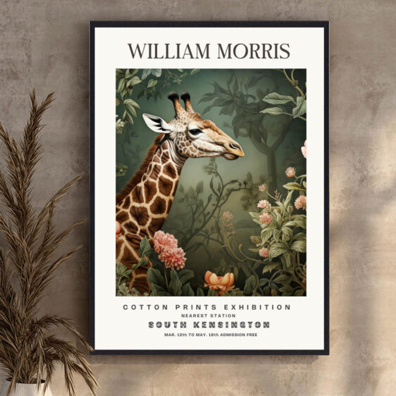 En elegant giraf står midt i et overdådigt tapet af slyngende blade og blomster i klassisk William Morris-stil. Dens pels er prydet med indviklede botaniske mønstre, der smelter sammen med den dekorative baggrund, hvor bløde jordfarver og dybe grønne toner skaber en harmonisk, naturinspireret scene.