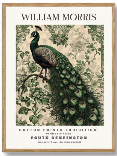 Morris’ Green Peacock design fremhæver påfuglens storslåede og inspirerende karakter. De levende grønne nuancer og de fine detaljer giver plakaten et dramatisk udtryk, der både skaber opmærksomhed og bringer en følelse af majestæt og naturens pragt til ethvert rum.