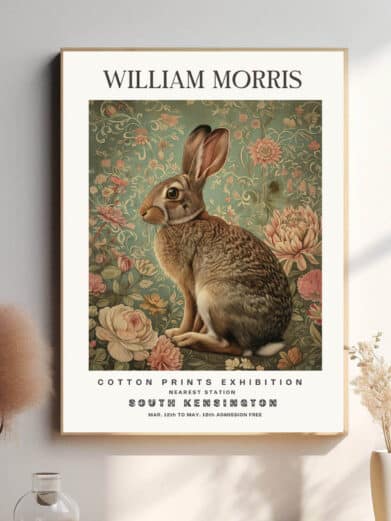 Morris’ Hare design fanger haren som et symbol på frihed og hastighed. De omhyggelige linjer og de fine detaljer giver plakaten både en kunstnerisk og symbolsk dybde, hvilket gør det til en dekorativ og meningsfuld tilføjelse til hjemmet.