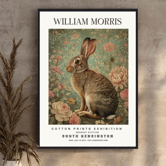 Denne plakat af William Morris viser en hare, der udstråler både graciøsitet og vildskab. De fine detaljer og den elegante fremstilling af haren fanger dens hurtighed og naturlige skønhed. Designet tilføjer en let og livlig atmosfære til ethvert rum, samtidig med at det fremhæver naturens fineste væsner.