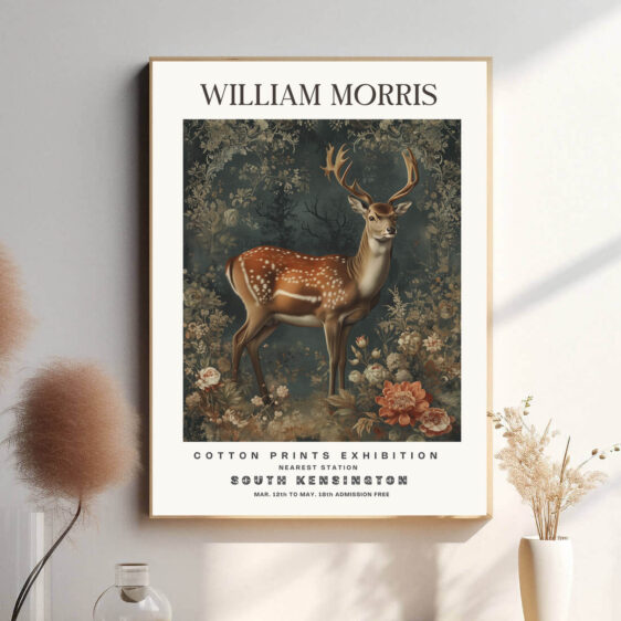 Morris’ Deer design fanger hjortens graciøse bevægelser og symbolik som et tegn på naturens vilde skønhed. De delikate linjer og de omhyggelige detaljer giver plakaten både en kunstnerisk og symbolsk dybde, hvilket gør det til et dekorativt og tankevækkende element i hjemmet.