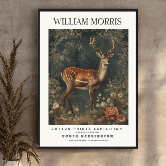 Denne plakat af William Morris viser en hjort, et symbol på styrke og elegance. Den majestætiske hjort er afbildet med fine detaljer og omhyggeligt udformede linjer, hvilket fremhæver dens naturlige skønhed. Designet tilføjer et sofistikeret og naturligt element til ethvert rum.
