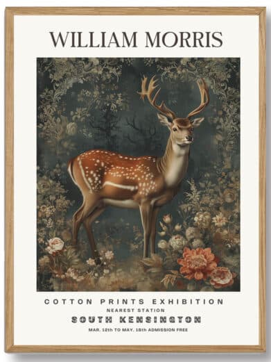 Morris’ Deer design udtrykker hjortens naturlige kraft og elegance. Den fine afbildning af dyret, sammen med de dekorative detaljer, skaber en kraftfuld og naturlig tilstedeværelse i ethvert rum, hvilket gør plakaten til en imponerende og symbolsk tilføjelse til hjemmet.