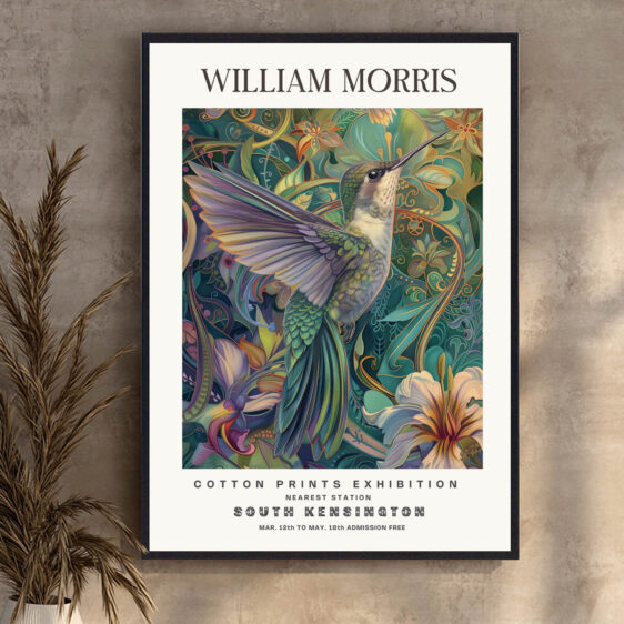 Denne plakat af William Morris viser en kolibri, et symbol på skønhed og frihed. Den lille fugl er afbildet med fine detaljer og levende farver, hvilket giver designet en livlig og elegant atmosfære. Kolibrien tilføjer en let og energisk stemning til ethvert rum.