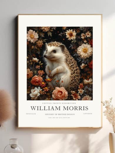 Morris’ Hedgehog design fanger pindsvinets finurlige og beskedne natur med et kunstnerisk præg. De delikate linjer og små detaljer omkring pindsvinet giver plakaten et unikt og dekorativt udtryk, der bringer en smule humor og naturens skønhed ind i hjemmet.