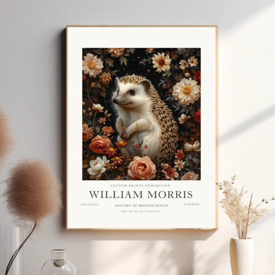 Morris’ Hedgehog design fanger pindsvinets finurlige og beskedne natur med et kunstnerisk præg. De delikate linjer og små detaljer omkring pindsvinet giver plakaten et unikt og dekorativt udtryk, der bringer en smule humor og naturens skønhed ind i hjemmet.