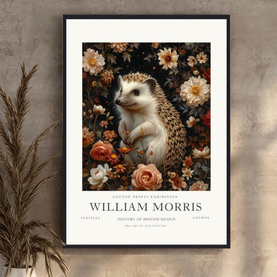 Denne plakat af William Morris viser et pindsvin, der udstråler naturlig charme og beskedenhed. De fine detaljer og den blide afbildning af pindsvinet skaber et design, der fanger essensen af naturens søde og enkle væsener, og tilføjer en varm og indbydende atmosfære til ethvert rum.