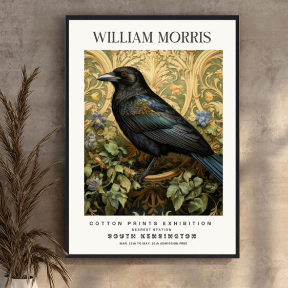 Denne plakat af William Morris viser en ravn, der udstråler både mystik og majestæt. Ravnen, et symbol på visdom og forudsigelse, er afbildet med fine detaljer, der fanger dens mystiske tilstedeværelse. Designet tilføjer en dramatisk og symbolsk dimension til ethvert rum.