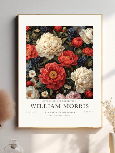 Morris’ tekstildesign fanger naturens skønhed med sine intrikate blomsterformer og rige røde farver. Det er et perfekt eksempel på hans evne til at forene funktion og kunst, hvilket gør plakaten til en smuk og dekorativ tilføjelse til både moderne og klassiske interiører.