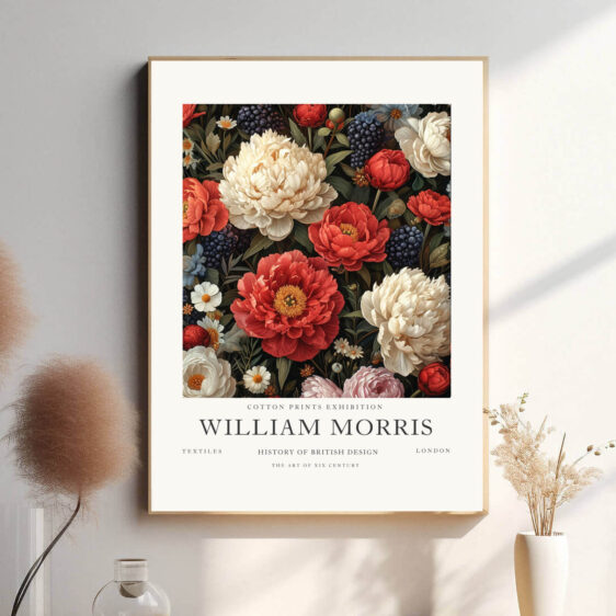 Morris’ tekstildesign fanger naturens skønhed med sine intrikate blomsterformer og rige røde farver. Det er et perfekt eksempel på hans evne til at forene funktion og kunst, hvilket gør plakaten til en smuk og dekorativ tilføjelse til både moderne og klassiske interiører.