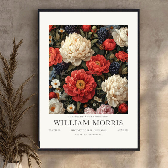 Denne plakat af William Morris viser et tekstildesign med en smuk rød blomsterudsmykning, der udstråler både elegance og varme. De fine detaljer i mønsteret og de levende røde nuancer skaber en dramatisk og sofistikeret atmosfære, hvilket gør den ideel til at tilføje et stilfuldt og tidløst element til ethvert rum.