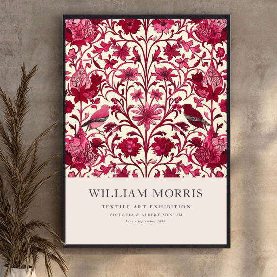 Denne plakat af William Morris viser et tekstildesign med en smuk rød blomsterudsmykning, der udstråler både elegance og varme. De fine detaljer i mønsteret og de levende røde nuancer skaber en dramatisk og sofistikeret atmosfære, hvilket gør den ideel til at tilføje et stilfuldt og tidløst element til ethvert rum.