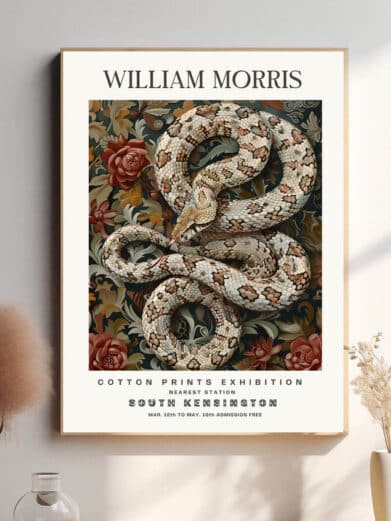 Morris’ Snake design fanger slangens naturlige elegance og kraft. Slangens organiske kurver og fine detaljer skaber et design, der både er naturligt og imponerende. Denne plakat tilføjer et element af vild natur og mystik til hjemmet, samtidig med at den udstråler styrke og visdom.