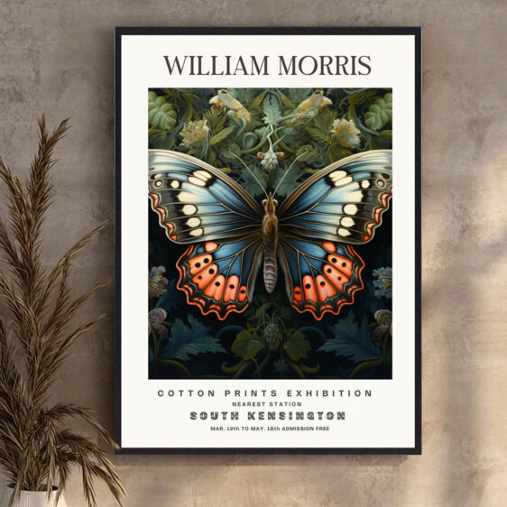 Denne plakat af William Morris viser en sommerfugl, der symboliserer lethed og forvandling. De fine detaljer i designet og de naturlige elementer omkring sommerfuglen skaber en elegant og delikat atmosfære, som tilføjer en subtil skønhed til ethvert rum.
