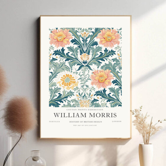 Morris' tekstildesign præsenterer et samspil mellem natur og kunst. De organiske former og den smukke farvepalet skaber et harmonisk og dekorativt look, der gør plakaten ideel til både moderne og traditionelt indrettede hjem.
