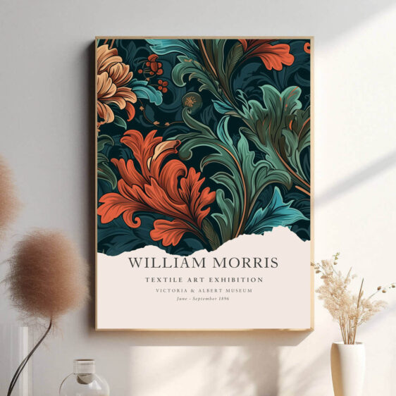 Morris’ Red Flower Textile design fanger et dramatisk og sofistikeret udtryk med sin rige røde farvepalet. De fine blomsterdetaljer giver mønsteret en kompleks og æstetisk appel, hvilket gør plakaten perfekt til at skabe en stærk, men stilfuld atmosfære i hjemmet.
