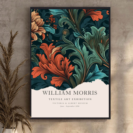 Denne plakat af William Morris viser et tekstildesign med røde blomster, der tilføjer et livligt og energisk element til ethvert rum. De varme røde nuancer skaber en stærk visuel tilstedeværelse, mens de detaljerede blomstermønstre udstråler både kunstnerisk skønhed og naturlig elegance.