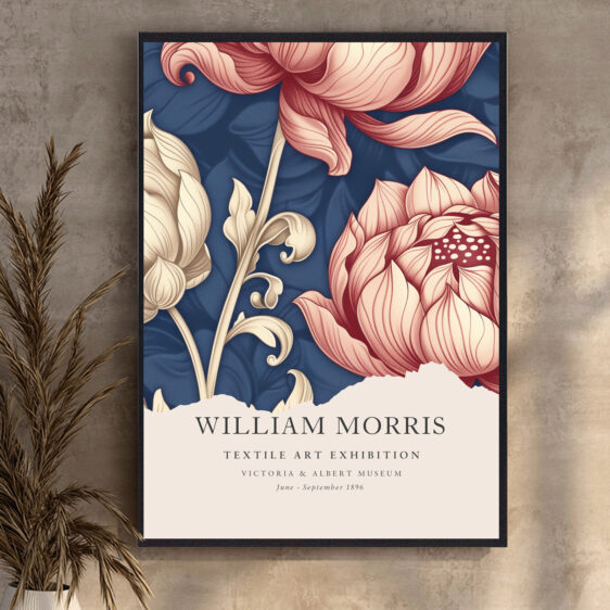 Denne plakat af William Morris viser et tekstildesign med en smuk blanding af røde og blå blomster. Kombinationen af de varme og kølige farver skaber en dynamisk og livlig effekt, der tilføjer både energi og balance til ethvert rum, samtidig med at de detaljerede mønstre giver et sofistikeret præg.